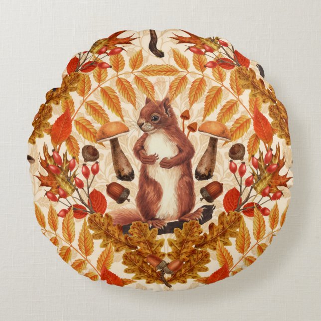 Autumn squirrel on off white round cushion (Front)