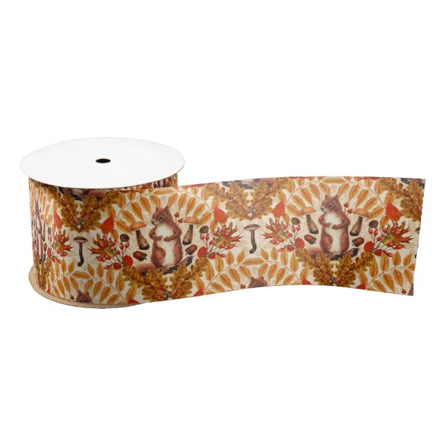 Autumn squirrel on off white satin ribbon (Spool)