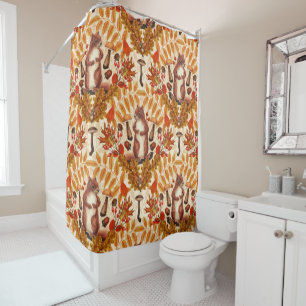 Autumn squirrel on off white shower curtain