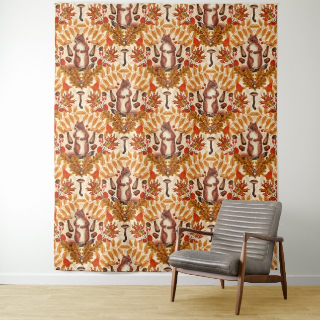 Autumn squirrel on off white tapestry (In Situ)