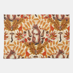 Autumn squirrel on off white tea towel