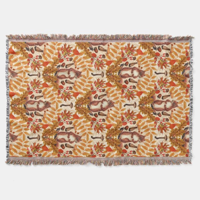 Autumn squirrel on off white throw blanket (Front)