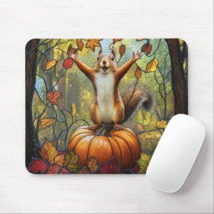 Autumn Squirrel on Pumpkin in Stained Glass Art Mouse Mat