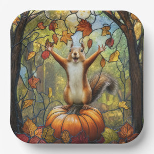 Autumn Squirrel on Pumpkin Stained Glass Art Paper Plate