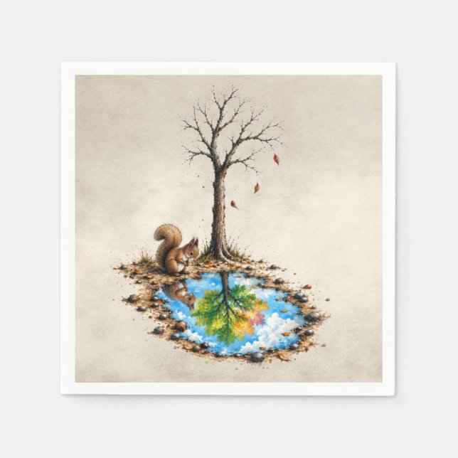 Autumn Squirrel Staring into a Rain Puddle Napkin (Front)