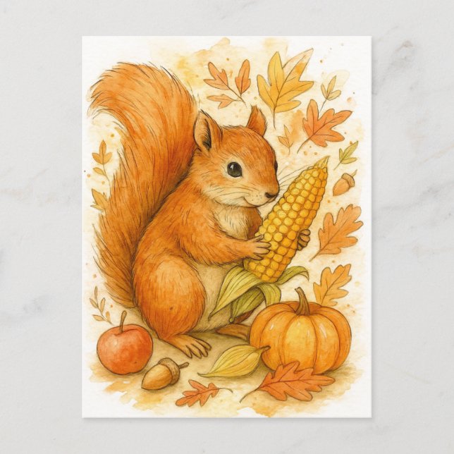 Autumn Squirrel with Corn Thanksgiving Postcard (Front)