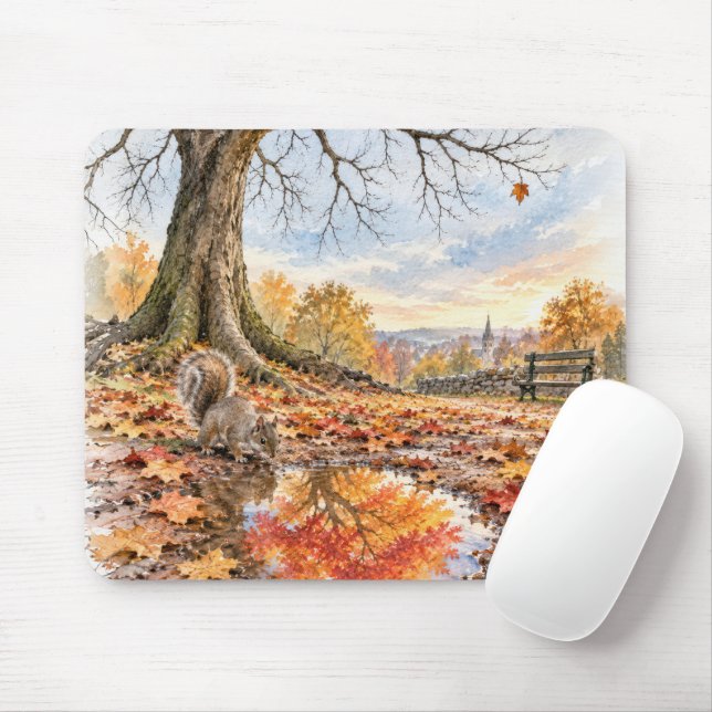 Autumn Squirrel with Puddle Reflection Mouse Mat (With Mouse)