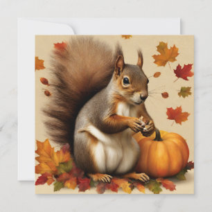 Autumn Squirrel with Pumpkin and Falling Leaves  Card
