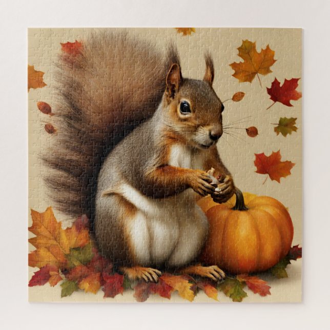 Autumn Squirrel with Pumpkin and Falling Leaves  Jigsaw Puzzle (Vertical)