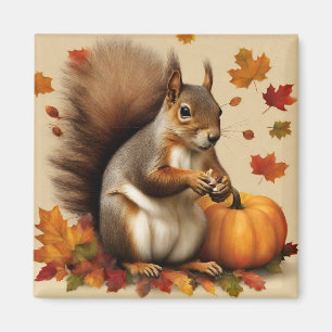 Autumn Squirrel with Pumpkin and Falling Leaves Magnet