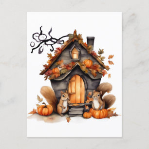 Autumn Squirrels AI Generated Watercolor Postcard