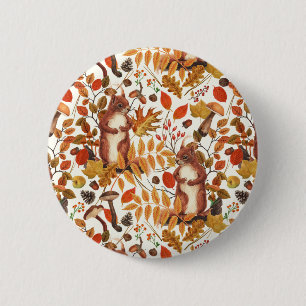 Autumn squirrels and autumnal flora on off white 6 cm round badge