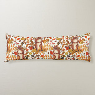 Autumn squirrels and autumnal flora on off white body cushion