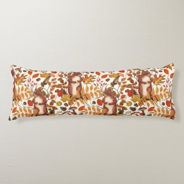 Autumn squirrels and autumnal flora on off white body cushion (Front)