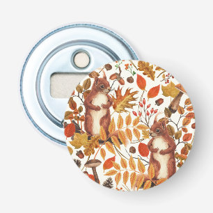 Autumn squirrels and autumnal flora on off white bottle opener
