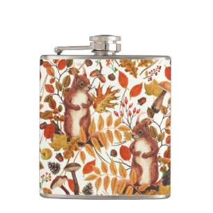 Autumn squirrels and autumnal flora on off white hip flask