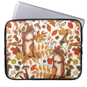 Autumn squirrels and autumnal flora on off white laptop sleeve