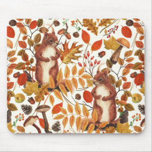 Autumn squirrels and autumnal flora on off white mouse mat
