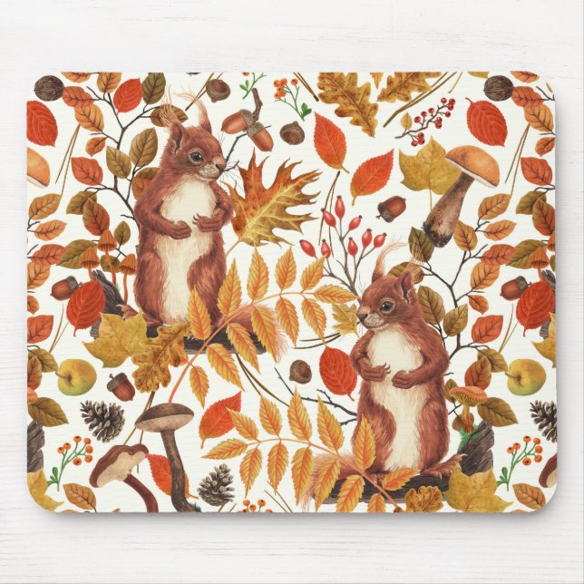 Autumn squirrels and autumnal flora on off white mouse mat (Front)
