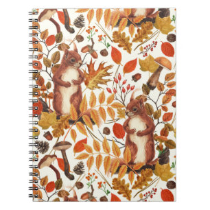 Autumn squirrels and autumnal flora on off white notebook