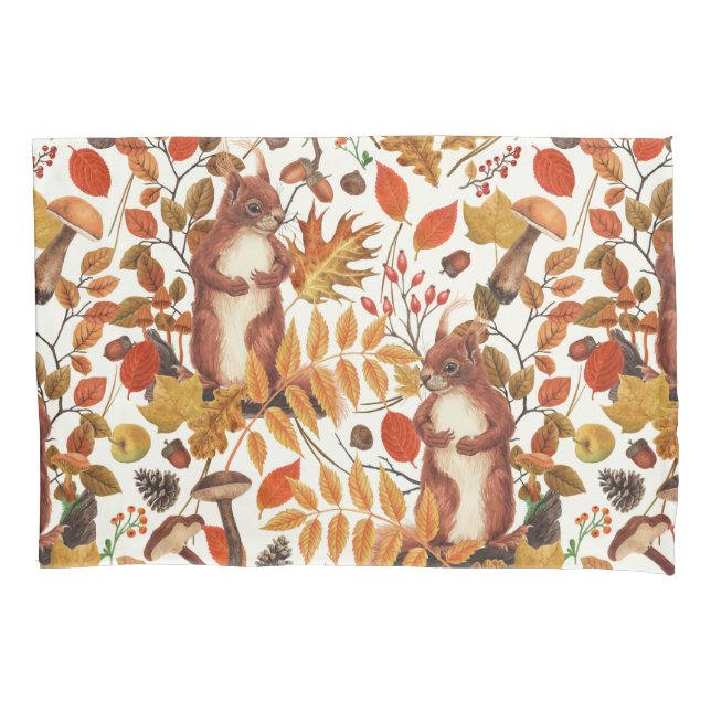 Autumn squirrels and autumnal flora on off white pillowcase (Front-Left)