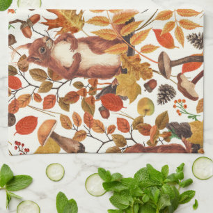 Autumn squirrels and autumnal flora on off white tea towel