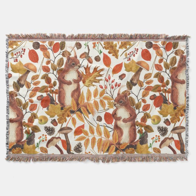Autumn squirrels and autumnal flora on off white throw blanket (Front)