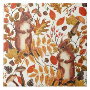 Autumn squirrels and autumnal flora on off white tile