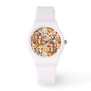 Autumn squirrels and autumnal flora on off white watch