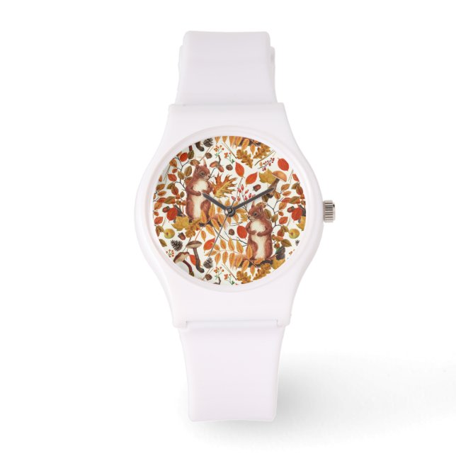 Autumn squirrels and autumnal flora on off white watch (Front)