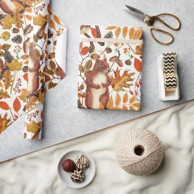 Autumn squirrels and autumnal flora on off white wrapping paper (Crafts)
