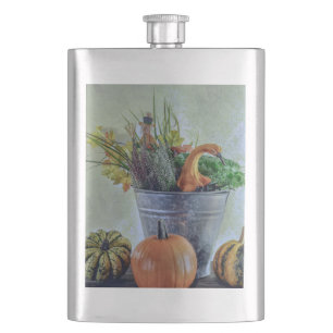 Autumn still life with pumpkins, flowers hip flask