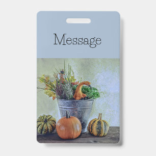 Autumn still life with pumpkins, flowers  ID badge