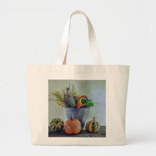 Autumn still life with pumpkins, flowers large tote bag