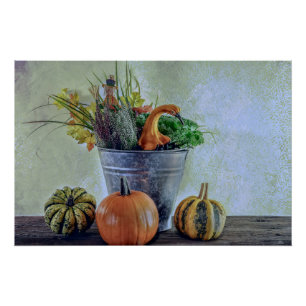 Autumn still life with pumpkins, flowers poster