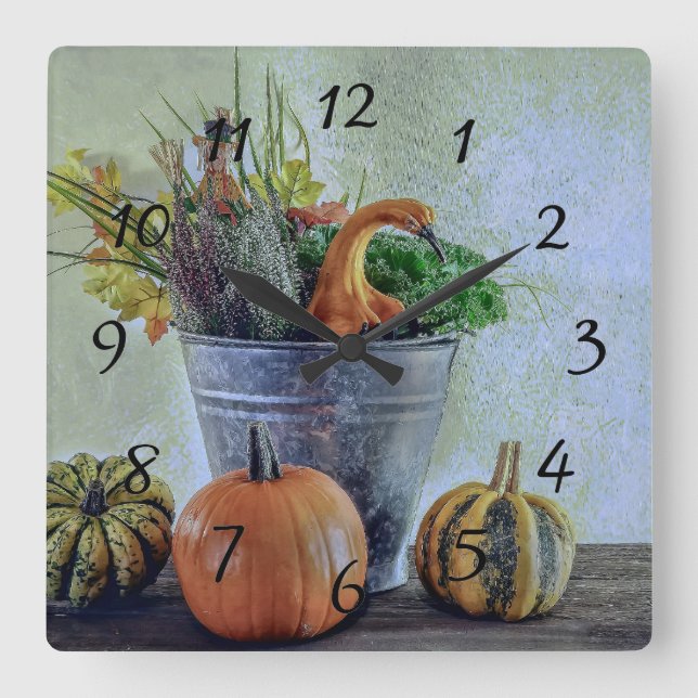 Autumn still life with pumpkins, flowers  square wall clock (Front)
