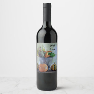 Autumn still life with pumpkins, flowers  wine label