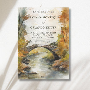 Autumn Stone Bridge River Leaves Fall Wedding Save The Date