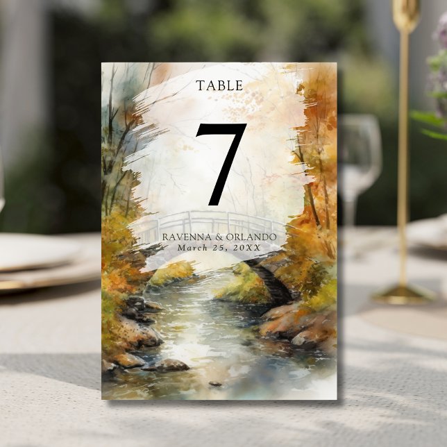 Autumn Stone Bridge River Leaves Fall Wedding Table Number (Creator Uploaded)