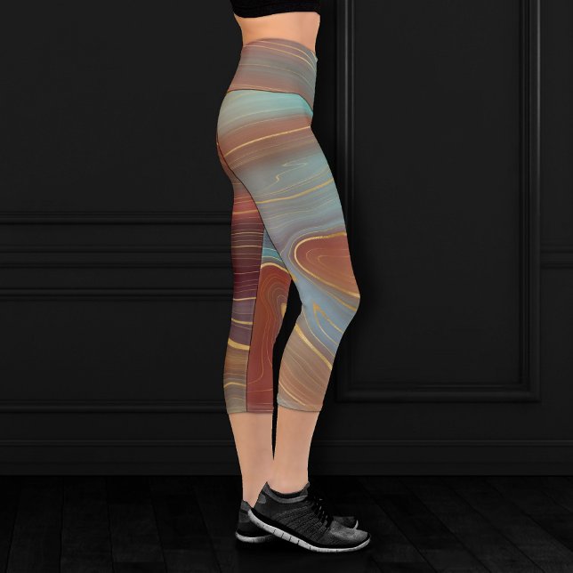 Autumn Strata | Terra Cotta Teal and Gold Agate Capri Leggings (Creator Uploaded)