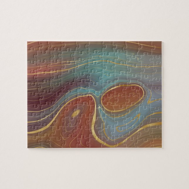 Autumn Strata | Terra Cotta Teal and Gold Agate Jigsaw Puzzle (Horizontal)