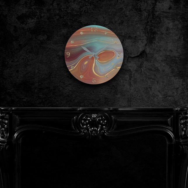 Autumn Strata | Terra Cotta Teal and Gold Agate Round Clock (Creator Uploaded)
