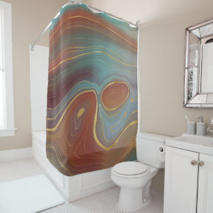 Autumn Strata   Terra Cotta Teal and Gold Agate Shower Curtain