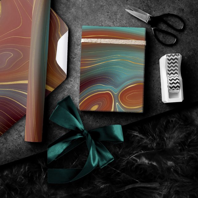Autumn Strata | Terra Cotta Teal and Gold Agate Wrapping Paper (Creator Uploaded)