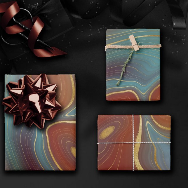 Autumn Strata | Terra Cotta Teal and Gold Agate Wrapping Paper Sheet (Creator Uploaded)