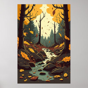 Autumn Stream in Woods Orange Brown Green Poster