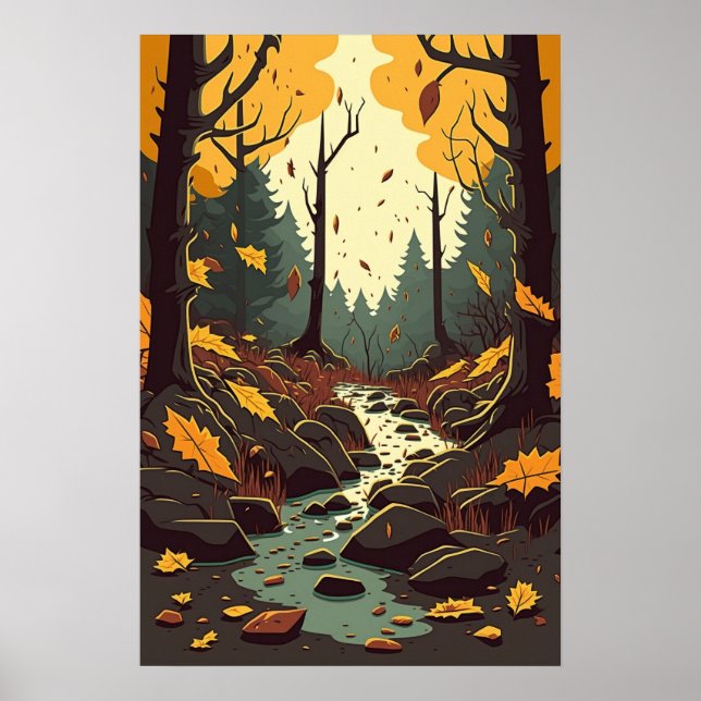 Autumn Stream in Woods Orange Brown Green Poster (Front)