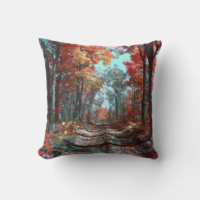 Autumn stretches into woods of red leaves cushion (Front)