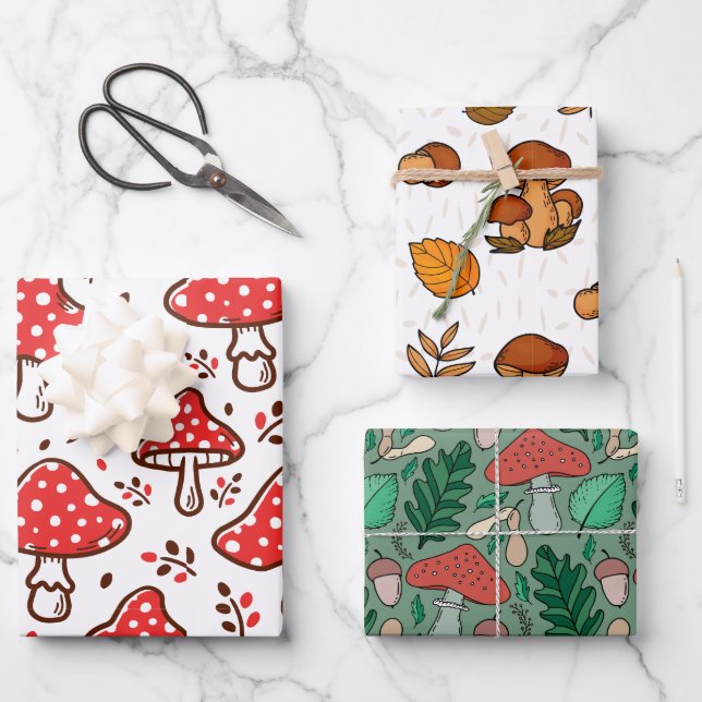 Autumn style woodland pattern Mushroom Watercolor Wrapping Paper Sheet (Front)