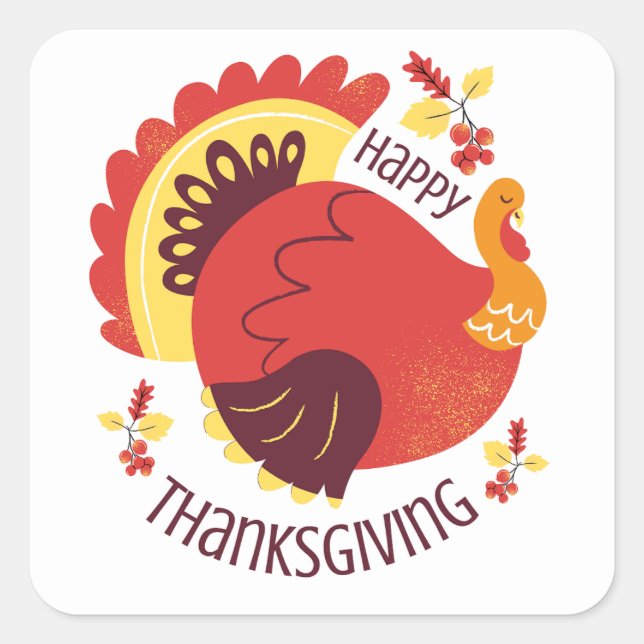 Autumn Stylised Sitting Turkey Happy Thanksgiving Square Sticker (Front)